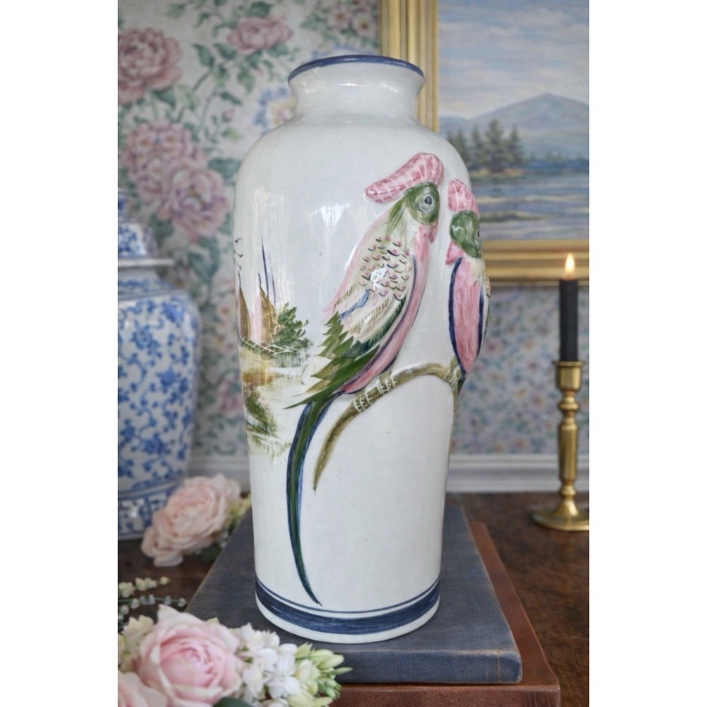 Vintage Ceramic Parrots Pair Tropical Birds Vase Hand Painted Raised Relief